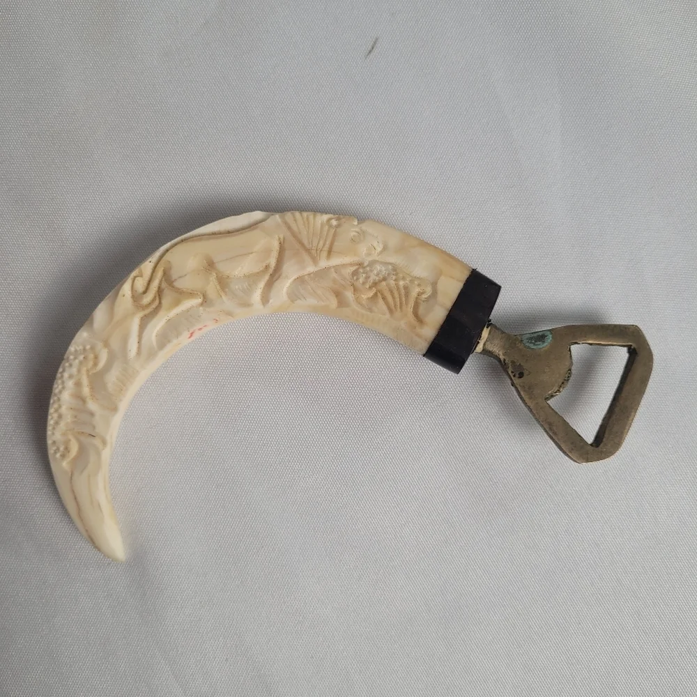 Vintage Hand Carved Warthog Tusk Brass Bottle Opener